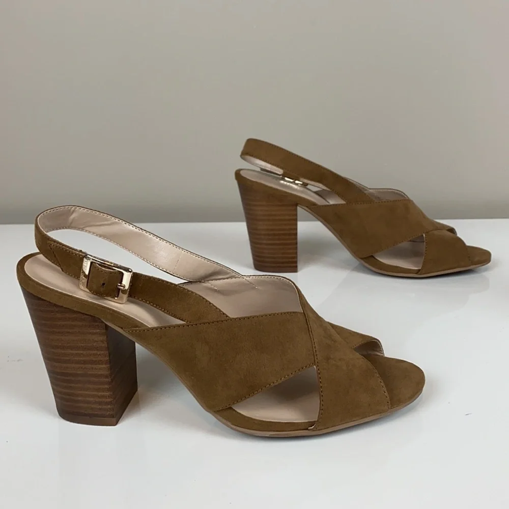 Nine West Alba Tan Open Toe Block Heel Slingback Sandal Size 9 - Picture 2 of 13